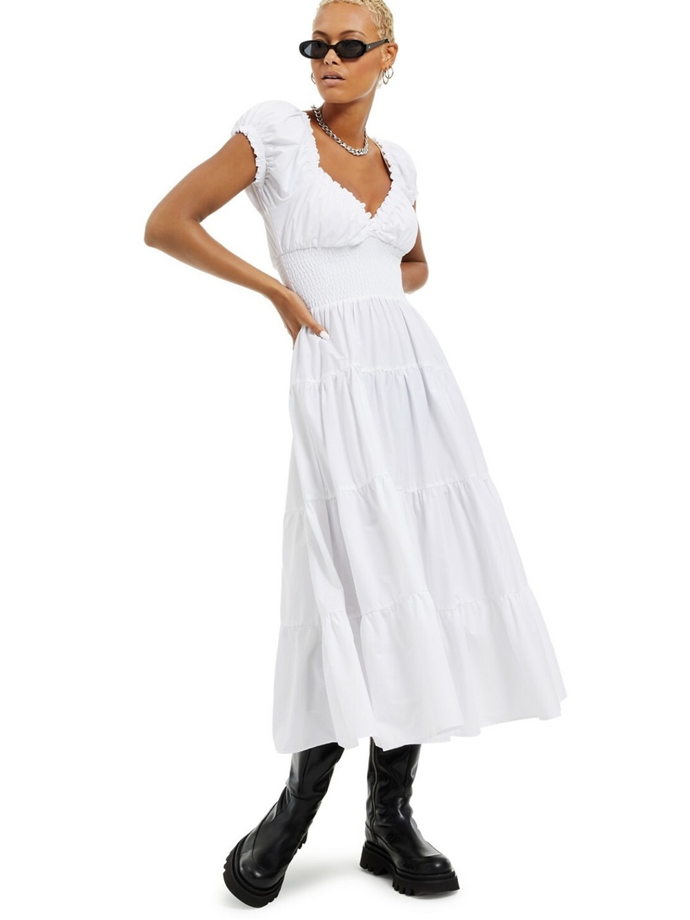 Danielle Bernstein White Tiered Poplin Smocked Bodice Puff Sleeve Midi Dress L - Picture 2 of 13